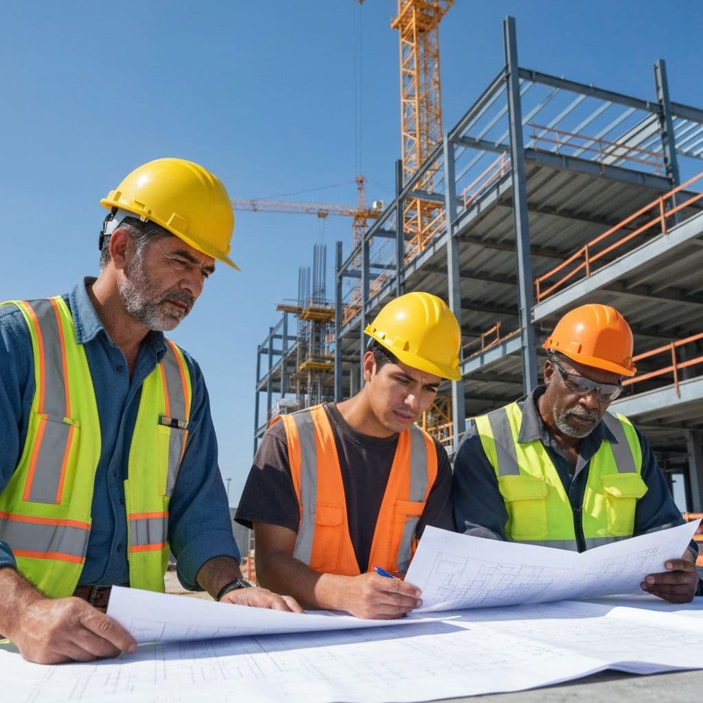 Construction site with workers reviewing blueprints and building under development