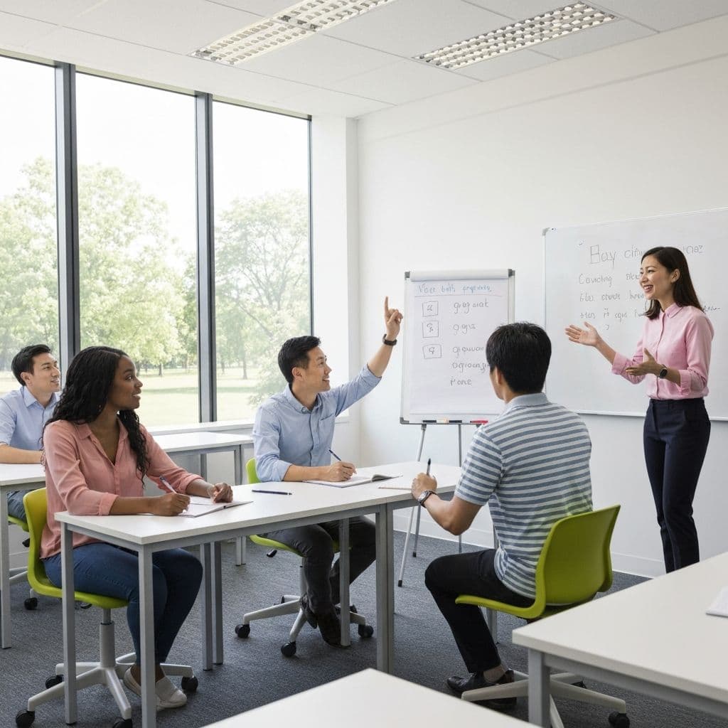 Language school classroom with diverse students learning