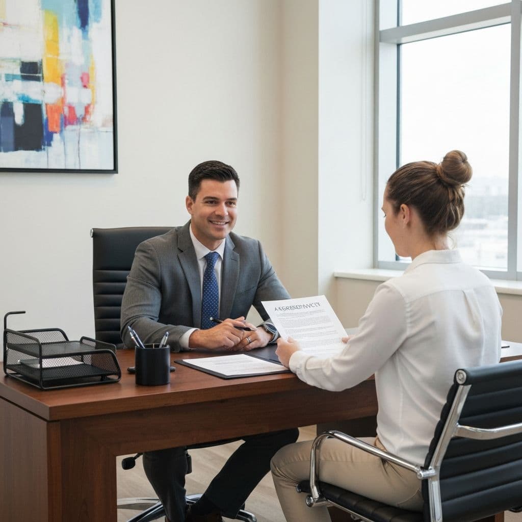Insurance agent and client reviewing insurance policy documents