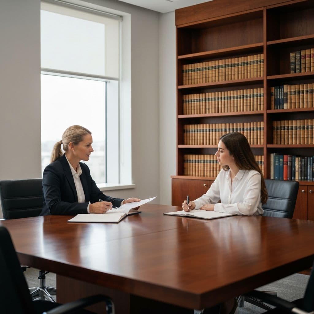 Lawyer and client reviewing legal documents in a modern law office