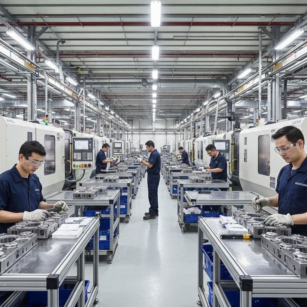 Modern manufacturing facility with precision machinery and workers