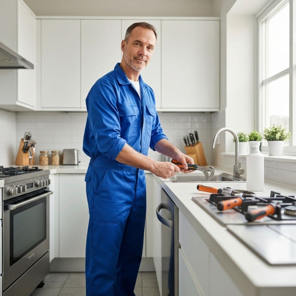 Professional plumber working on kitchen plumbing repairs