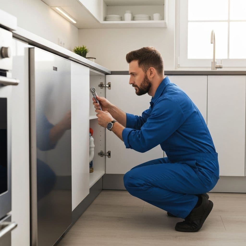 Professional plumber repairing pipes under sink