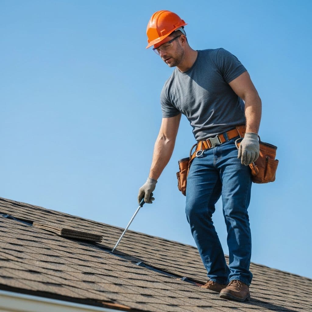 Professional roofing contractor working on residential roof