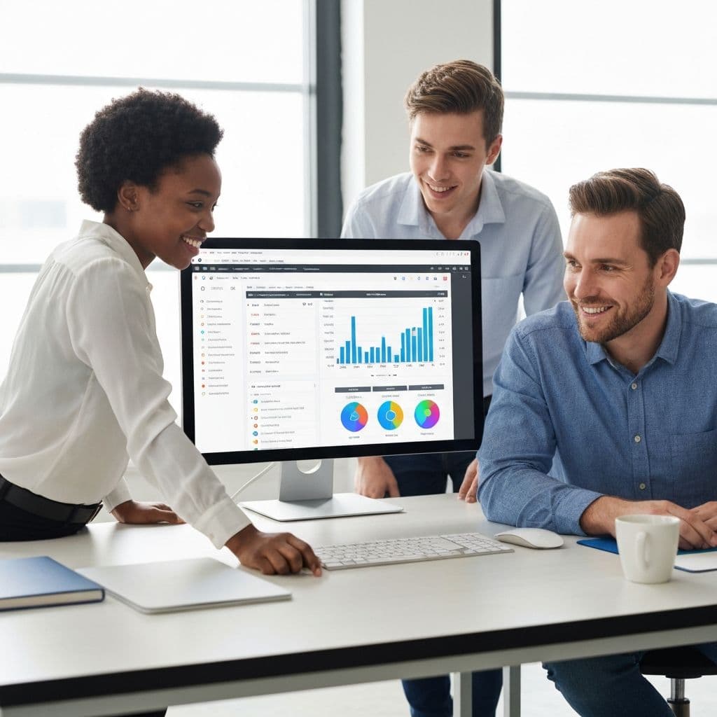 SaaS team reviewing software dashboard and analytics