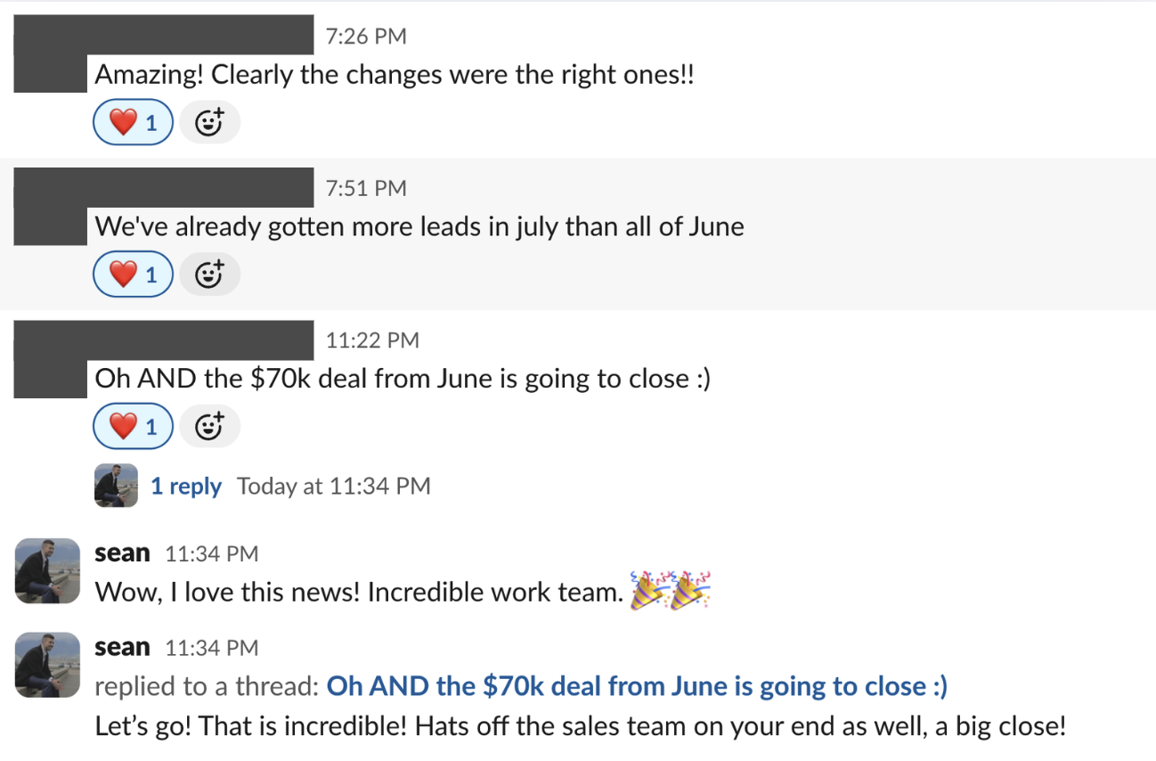 Slack thread from a client sharing that they've already gotten more leads in July than all of June and that a $70K deal from June is going to close